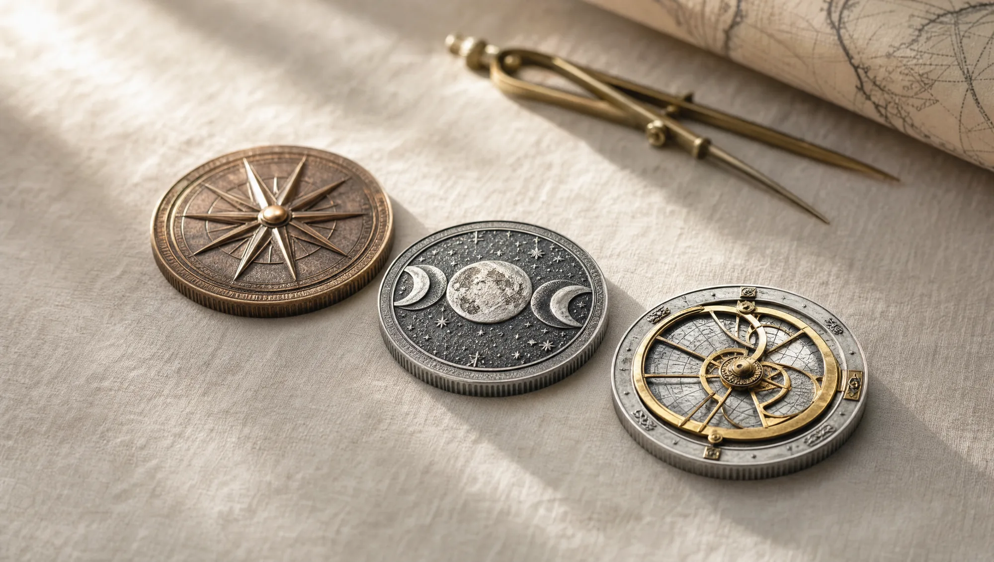 The three medallions of the Navigator Series on linen, beside a brass divider